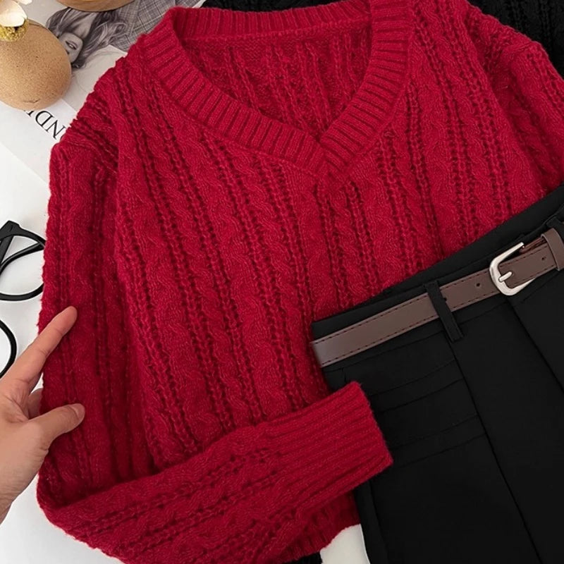 Autumn Striped Sweater Women Knitwears Solid Loose V Neck  Knit Pullover Warm Long Sleeves Tops Khaki Knitted Jumpers Women
