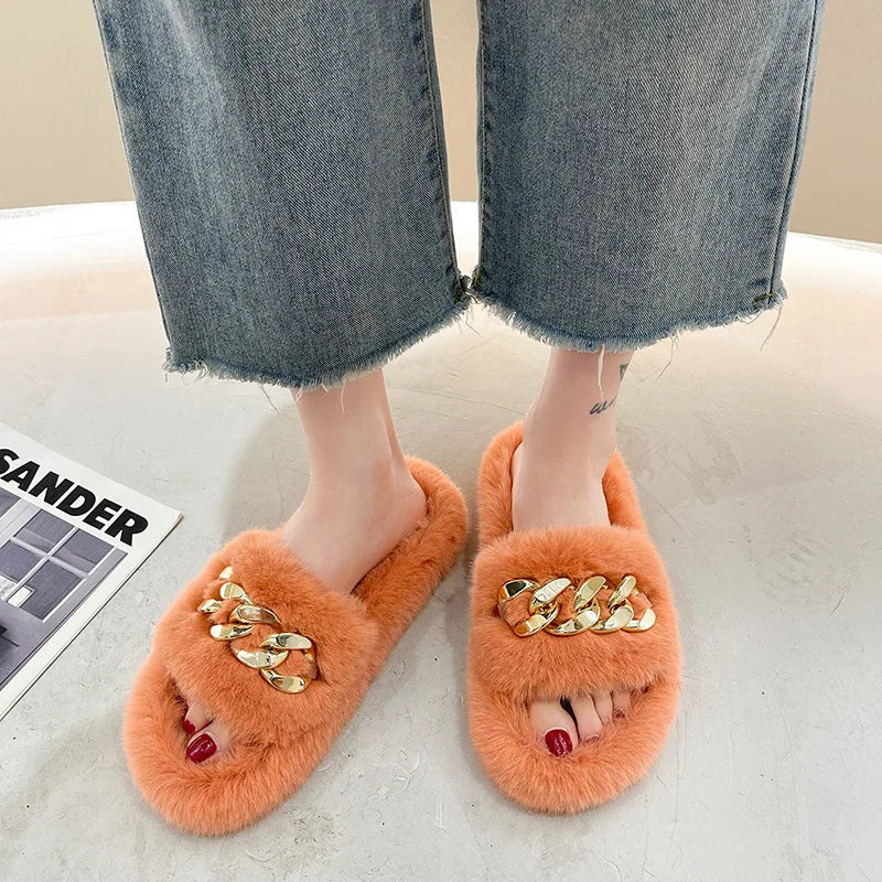 Fashion Faux Fox Fur Slippers Women Spring Autumn Fluffy Slides Ladies Peep Toe Fur Shoes Flat Large Size Furry Soft House Shoes luxecrown.co.uk