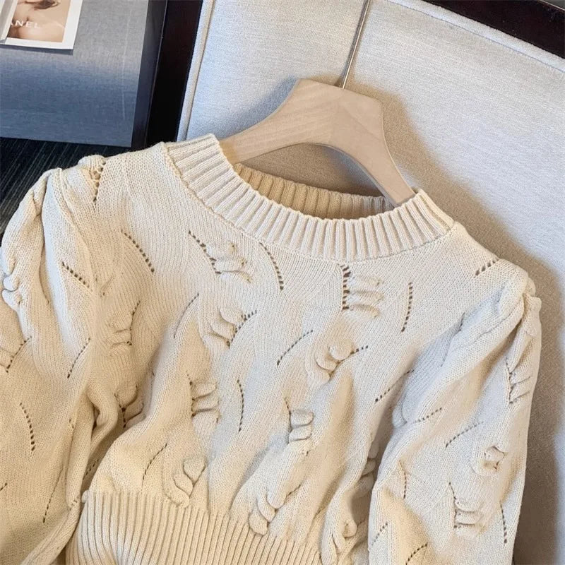 2026 New Autumn Winter Women O-neck Long Sleeve Knitted Sweaters Hollow Out Knitwear Crochet Solid Color Short Pullover Tops