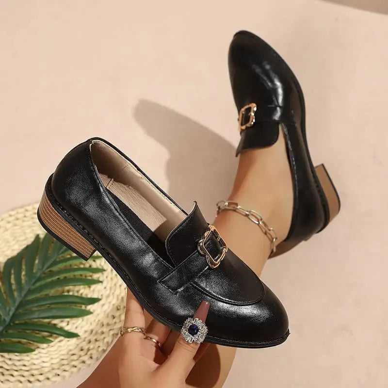 Retro Metal Buckle Thick Heel Loafers Women Summer 2026 Classic Black Brown Pu Leather Loafer Elegant Dress Shoes for Women luxecrown.co.uk