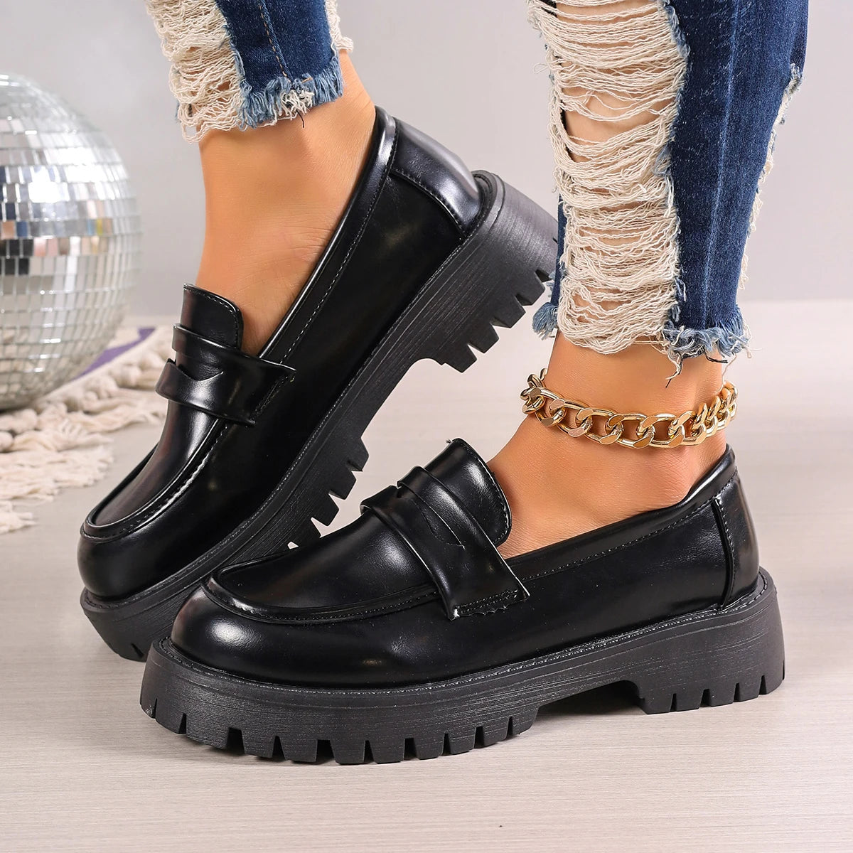 Casual Platform Loafers Woman 2024 British Style Black Brown PU Leather Shoes for Women Comfort Slip On Flats Plus Size luxecrown.co.uk