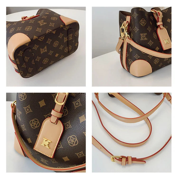 High-End Large Capacity Bucket Bag Women's Fashion Luxury Retro Floral Print Single Shoulder Bag Vintage Style PU Material luxecrown.co.uk