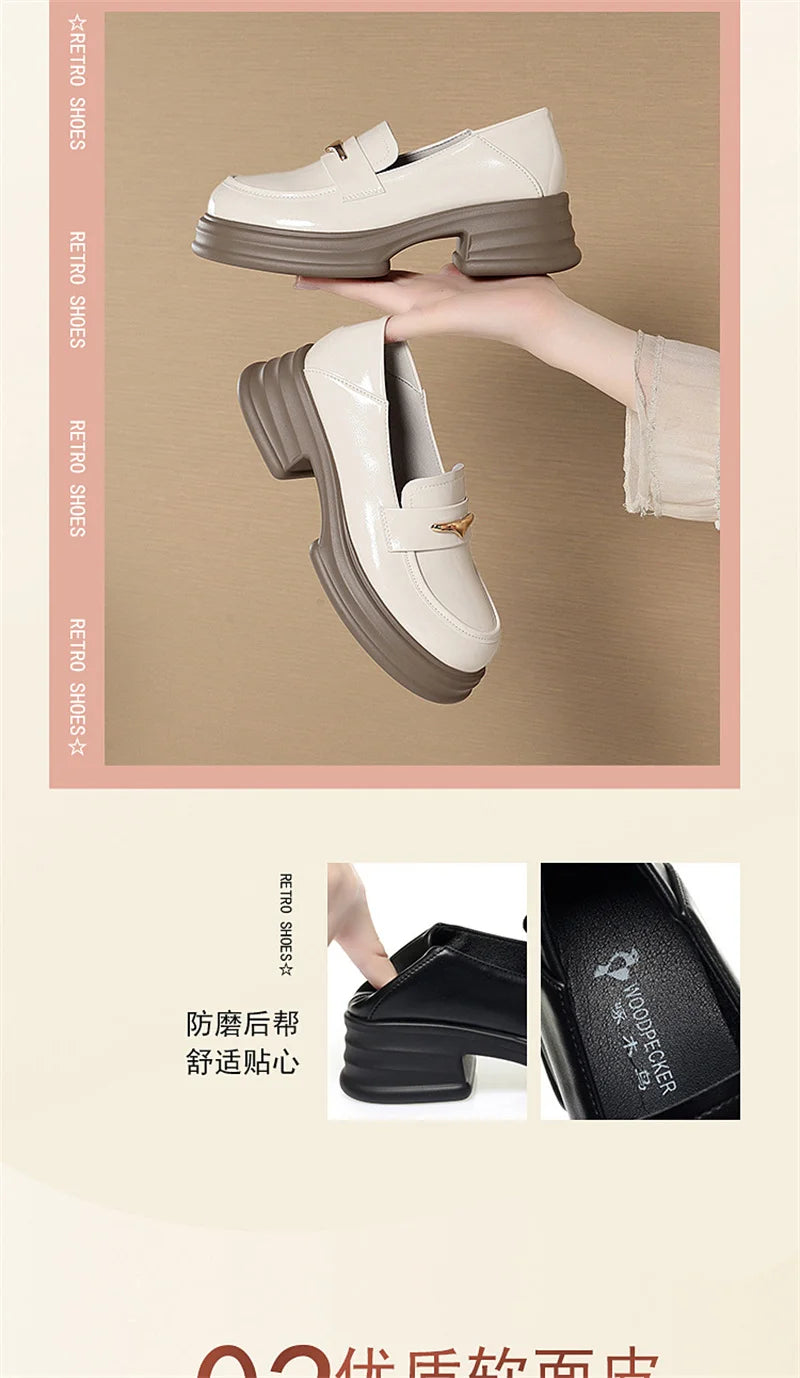 Thick-Soled Loafers Women's Spring And Autumn New British Style Retro Sponge Cake Leather Shoes Thick Heel Black Single Shoes luxecrown.co.uk