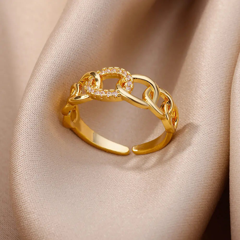 Fashion Gold Color Stainless Steel Rings For Women Chain Hollow Out Crystal Zircon Finger Ring Jewelry 2023 Gift anillos mujer Streetsharks
