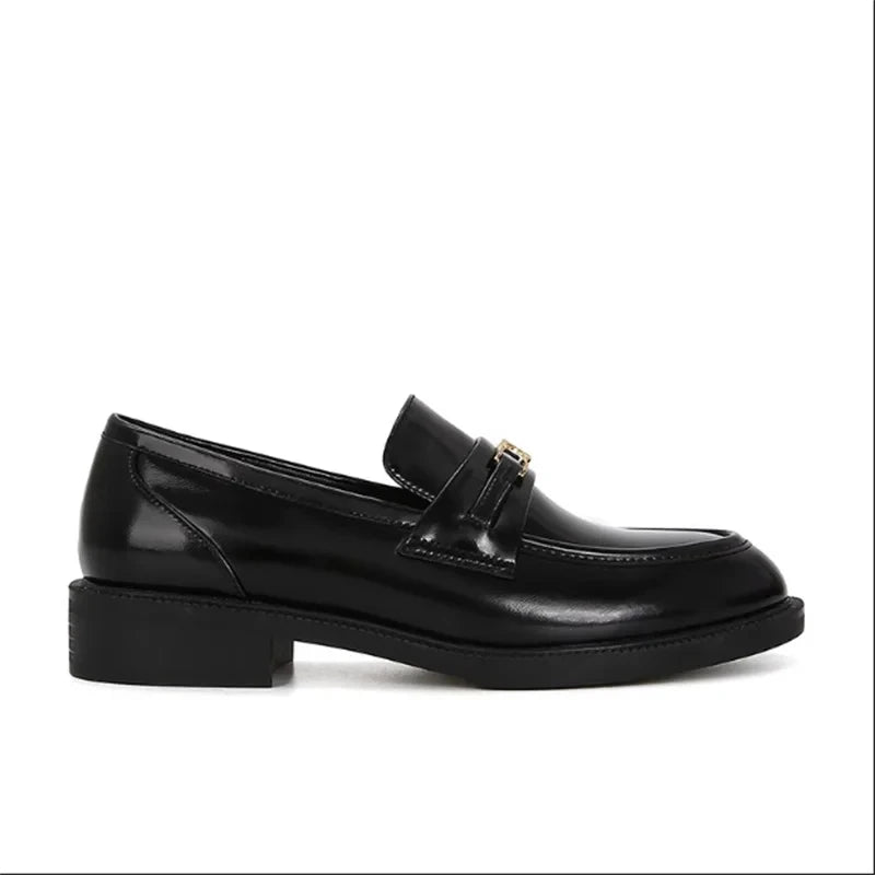 Spring New Women's Genuine Leather Shoes British Style Black Casual Shoes Banquet Office Wear Stylish Metal Design Loafers luxecrown.co.uk