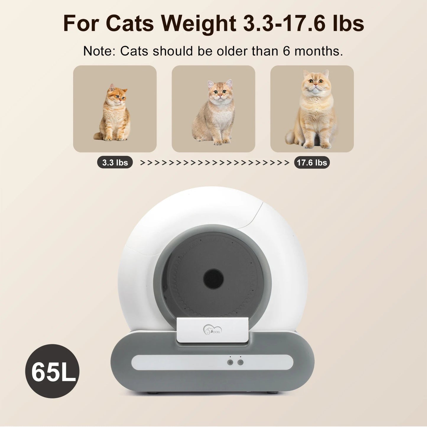 DOEL 65L Self-Cleaning Cat Litter Box App Control, ONLY Supports 2.4G WiFi w/Litter Mat&Trash Bags, Fit for Tofu & Mixed Litter luxecrown.co.uk
