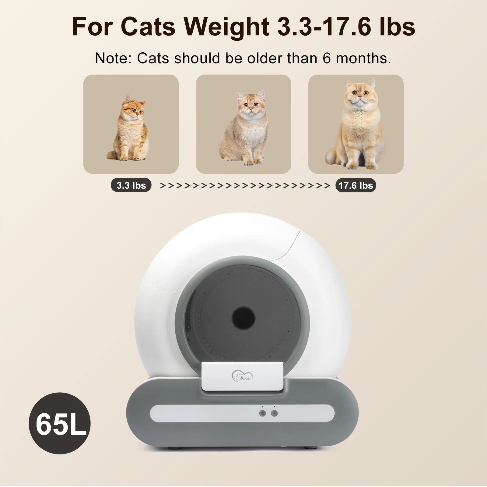 DOEL 65L Self-Cleaning Cat Litter Box App Control, ONLY Supports 2.4G WiFi w/Litter Mat&Trash Bags, Fit for Tofu & Mixed Litter luxecrown.co.uk