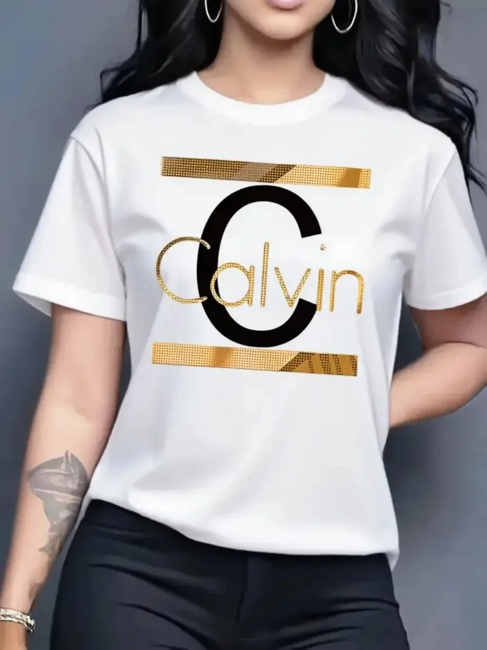 Hot Sale Women's Summer Fashion Casual Calvin Letter Pattern Print Loose Round Neck Short Sleeve Sportswear T-shirt y2k clothes luxecrown.co.uk