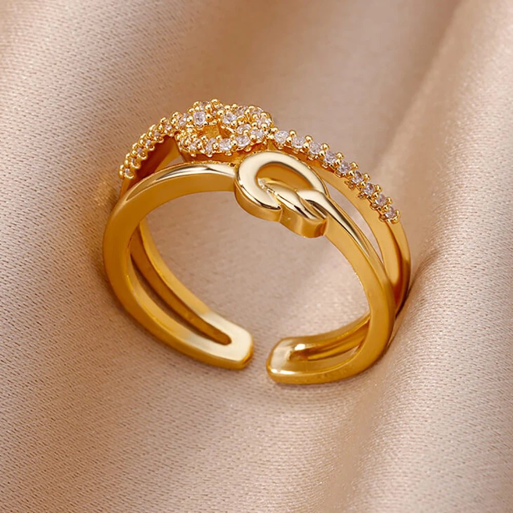 Fashion Gold Color Stainless Steel Rings For Women Chain Hollow Out Crystal Zircon Finger Ring Jewelry 2023 Gift anillos mujer Streetsharks