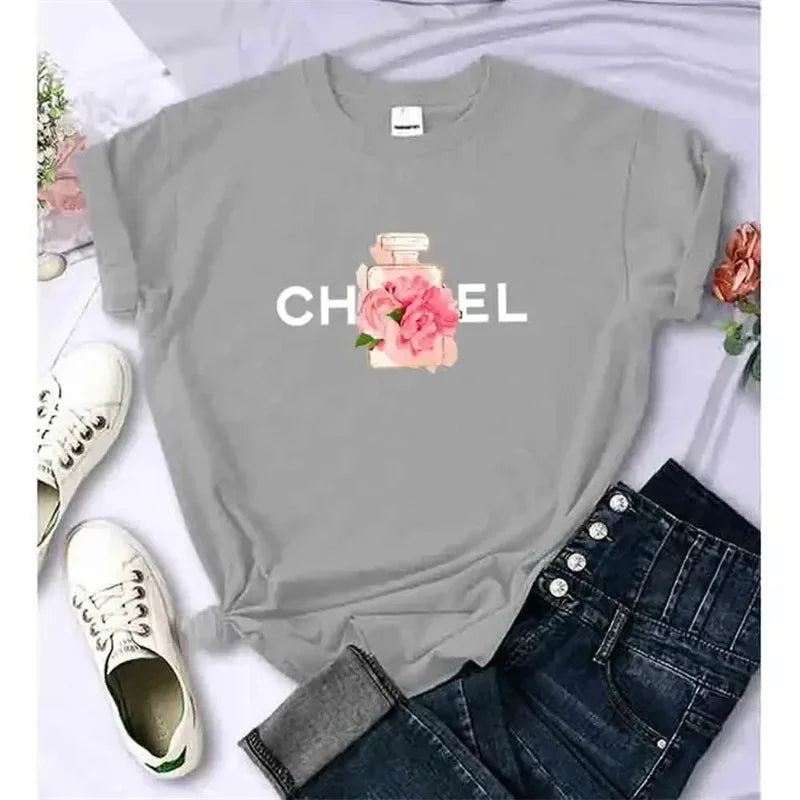 Luxury Fashion Brand Printed Women's Summer T-Shirt Alphabet Flower Perfume Shirt Pattern T-Shirt High Quality Short Sleeve Top Streetsharks