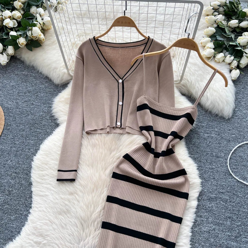 New Fashion Autumn Knitted Suits Long Sleeve V Neck Buttons Top+Stripe Strap Bodycon Dress Elegant OL Women Two Piece Sets