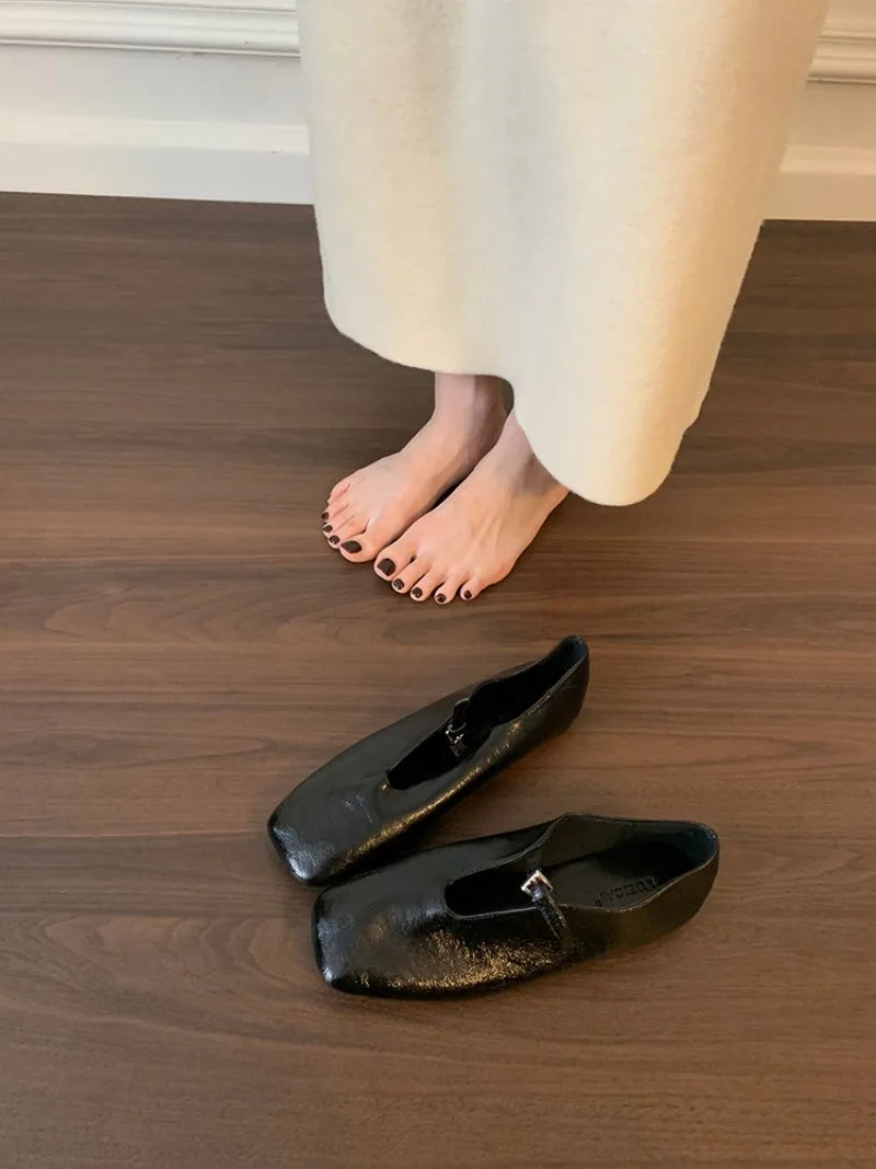 2025 Lightweight Summer French Retro Genuine Leather Shoes Minimalist Elegant Square Toe Flat Shoes Loafers Shoes Women luxecrown.co.uk