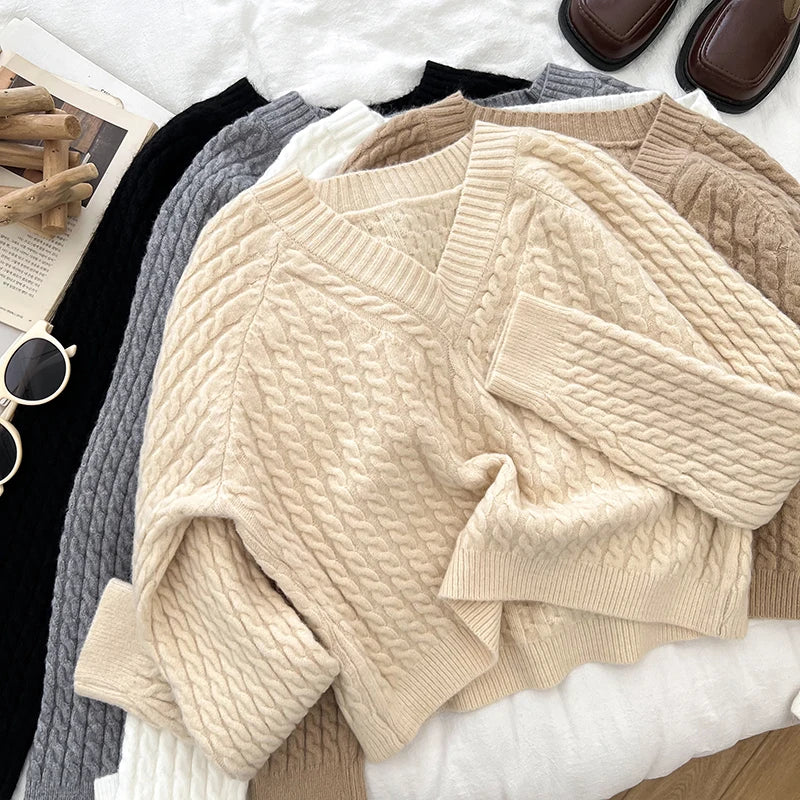 2026 New Autumn Winter Women V-neck Long Sleeve Knitted Sweaters Twist Striped Loose Solid Color Short Pullover Tops