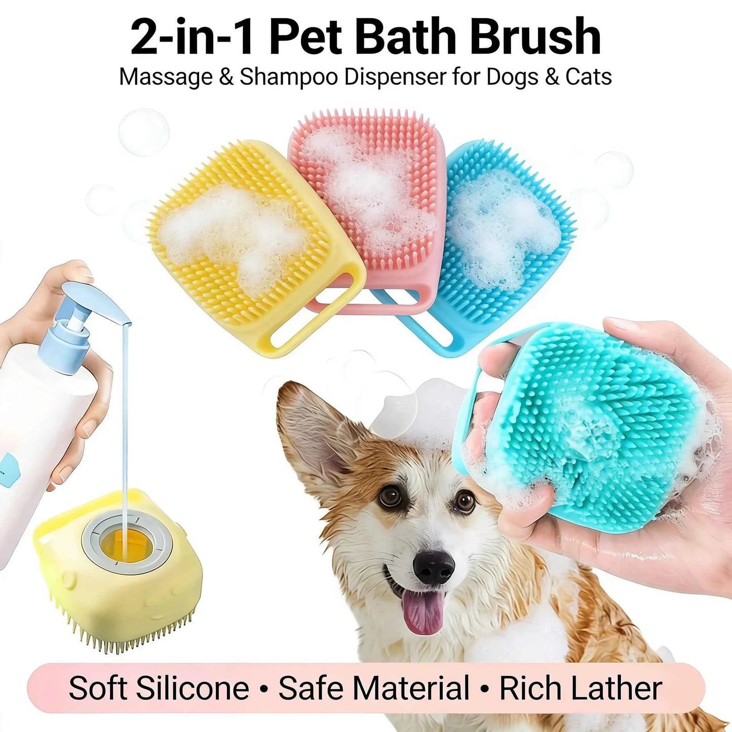 2-In-1 Pet Bath & Massage Brush With Shampoo Storage Silicone Dog Cat Grooming Tool For Puppy Kitten Sensitive Skin luxecrown.co.uk