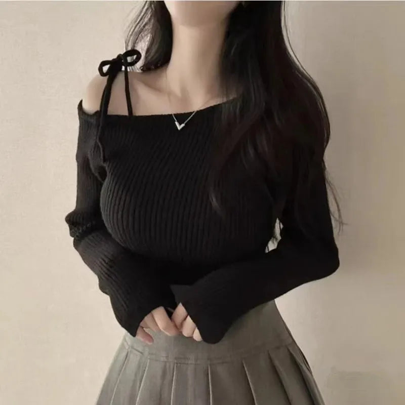 2026 New Women's Elegant Off-Shoulder Sweater T-Shirt Black White Striped with Adjustable Lace-Up Fall Winter Casual Chic Top