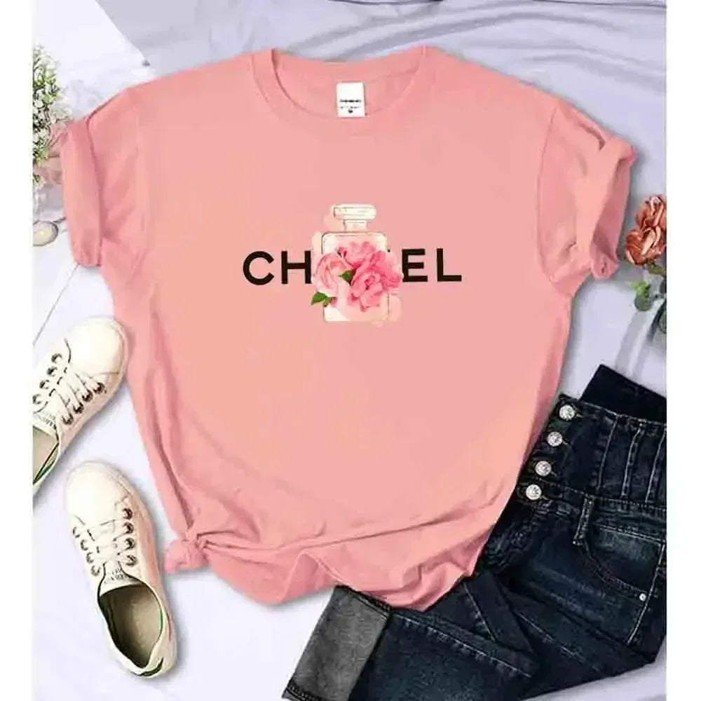 Luxury Fashion Brand Printed Women's Summer T-Shirt Alphabet Flower Perfume Shirt Pattern T-Shirt High Quality Short Sleeve Top Streetsharks