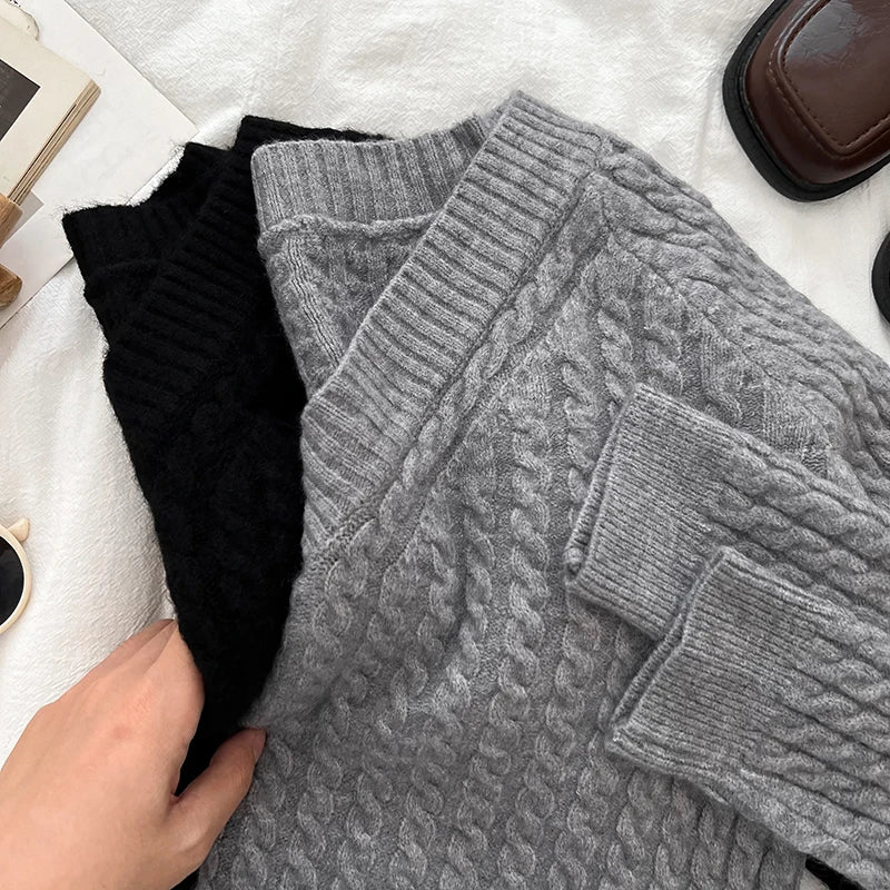 2026 New Autumn Winter Women V-neck Long Sleeve Knitted Sweaters Twist Striped Loose Solid Color Short Pullover Tops