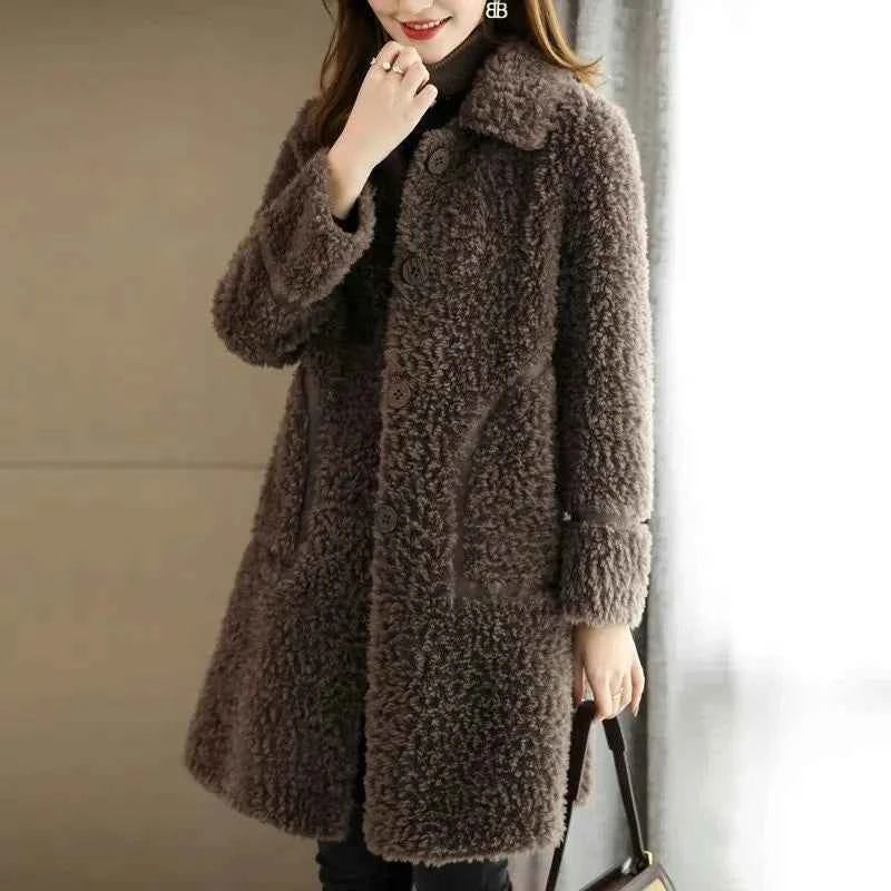Female Winter Slim Grain Wool Middle Long Coat Women New Middle-Aged And Elderly Cashmere Thickened Imitation Lamb Wool Overcoat