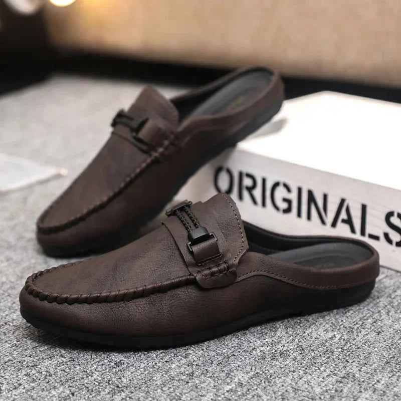Summer Leather Men Half Slippers Breathable Mens Casual Shoes Slip-on Lazy Driving Shoes Comfortable Walking Loafers Moccasins luxecrown.co.uk