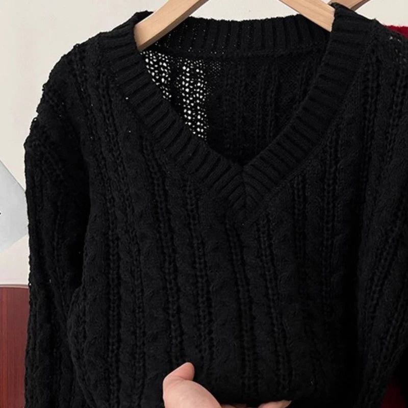 Autumn Striped Sweater Women Knitwears Solid Loose V Neck  Knit Pullover Warm Long Sleeves Tops Khaki Knitted Jumpers Women