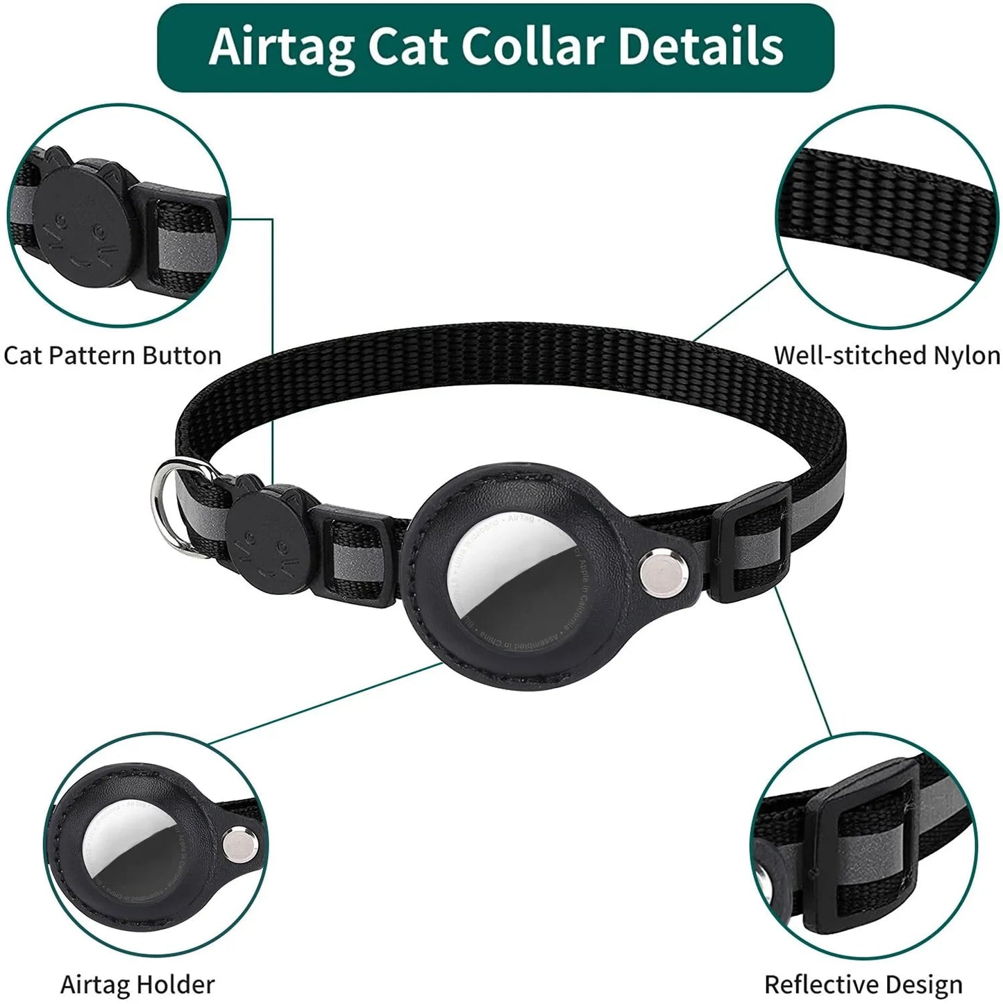 Cat AirTag Holder Collar Breakaway Reflective Strips Adjustable Kitten Collar Waterproof Cat Bell Collar Pet Air Tag Case collar luxecrown.co.uk