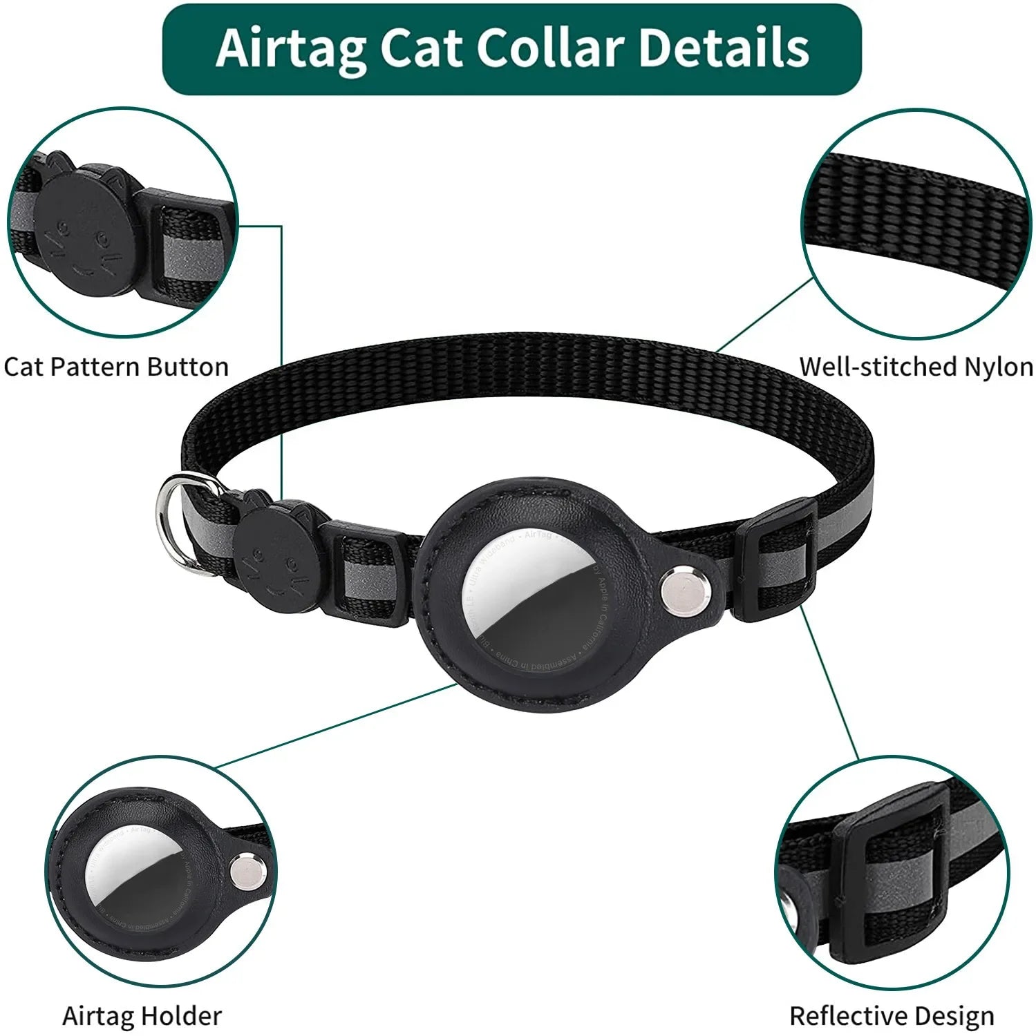 Cat AirTag Holder Collar Breakaway Reflective Strips Adjustable Kitten Collar Waterproof Cat Bell Collar Pet Air Tag Case collar luxecrown.co.uk