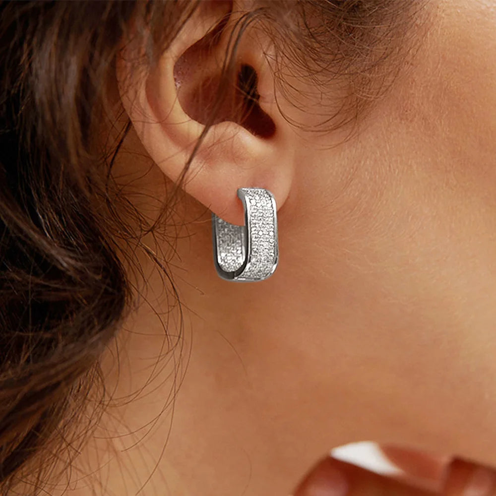Luxury Full of Zircon Shiny Geometric Square Hoop Earrings for Women Temperament Gold Color Stainless Steel Korea Jewelry Gift Streetsharks