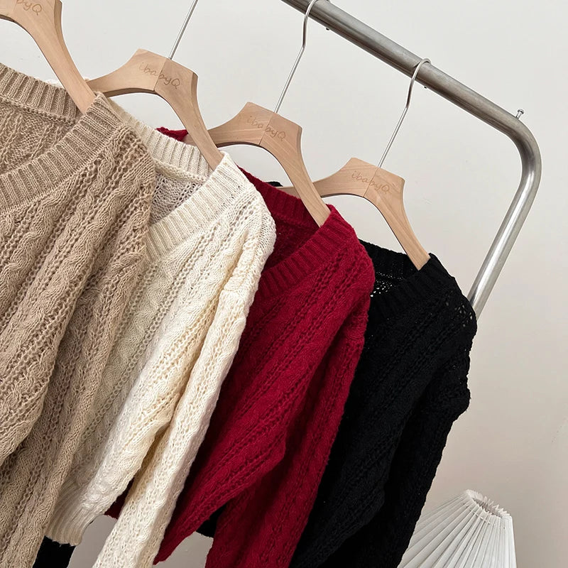 2026 New Autumn Winter Loose Casual Knitwear V-neck Long Sleeve Knitted Sweaters Twist Hollow Out Crochet Short Pullover Tops