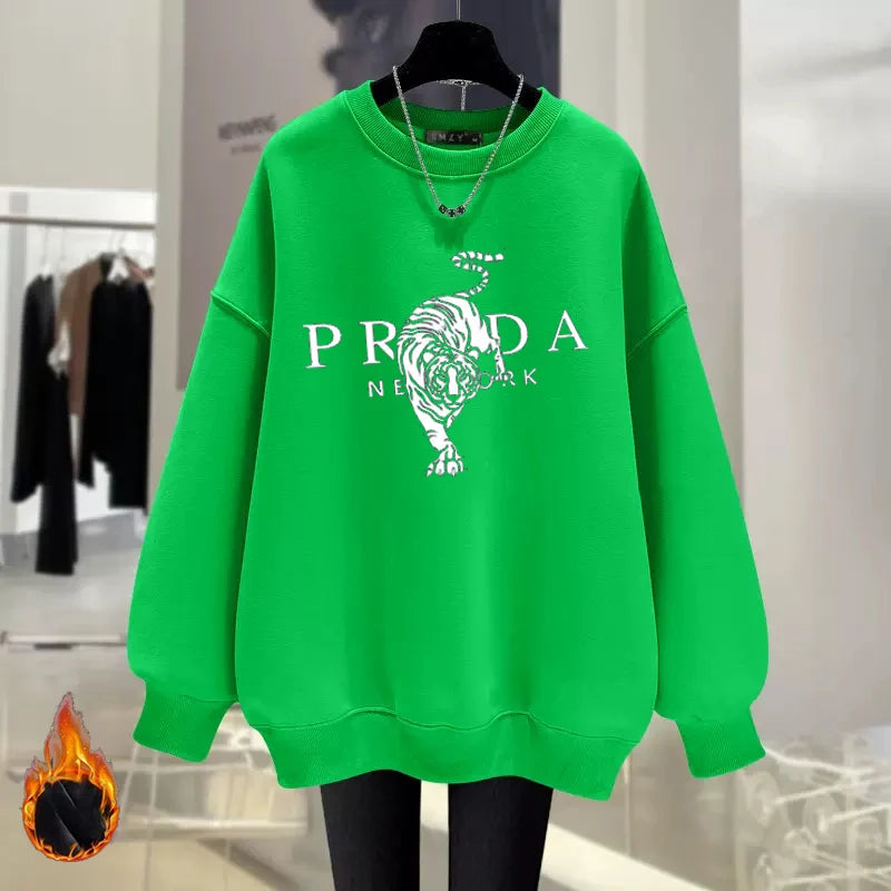 Luxury Brand Tiger Print Spring Autumn and Winter Fashion Loose Round Neck Pullover Sweater Women's Velvet Thicker Streetsharks