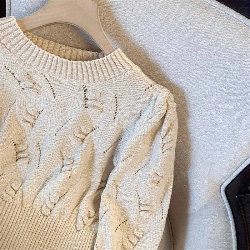 2026 New Autumn Winter Women O-neck Long Sleeve Knitted Sweaters Hollow Out Knitwear Crochet Solid Color Short Pullover Tops