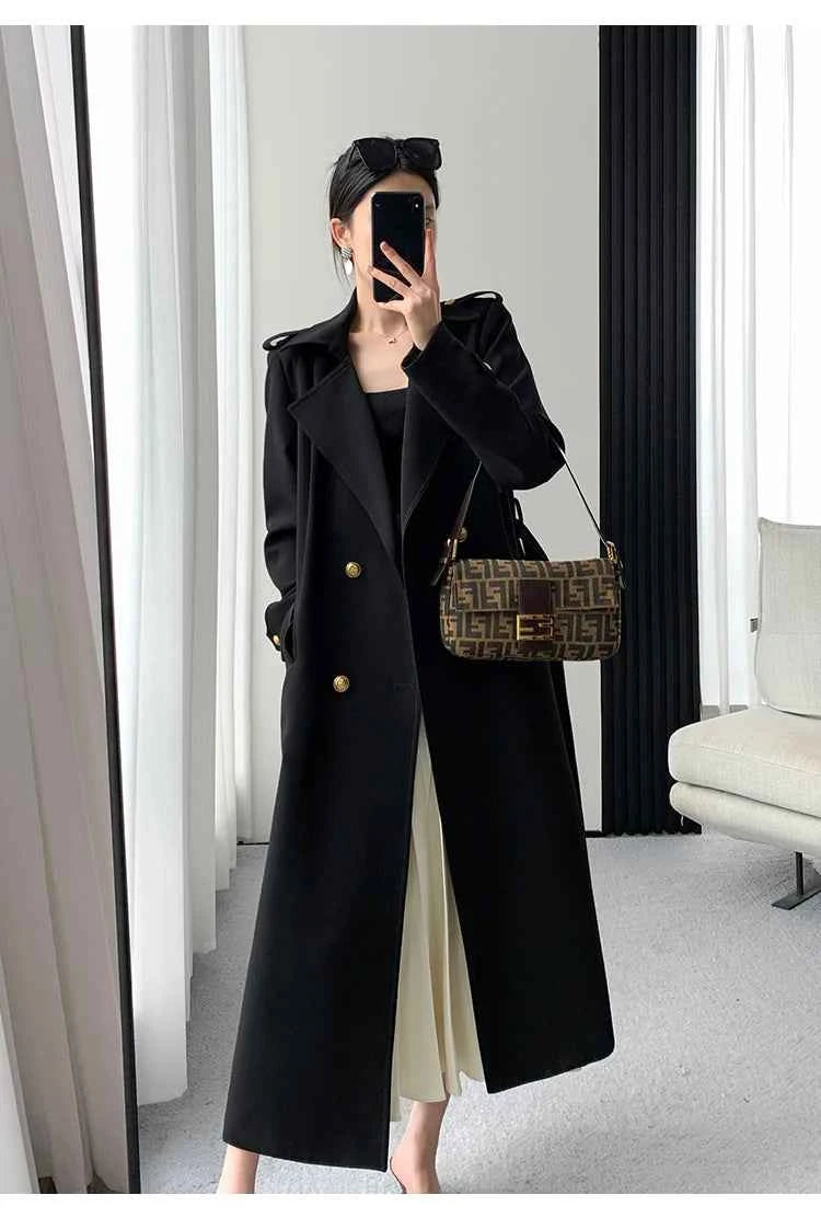 Lautaro Spring Autumn Long Black Trench Coat for Women Gold Buttons Double Breasted Elegant Chic Luxury Designer Clothes 2025