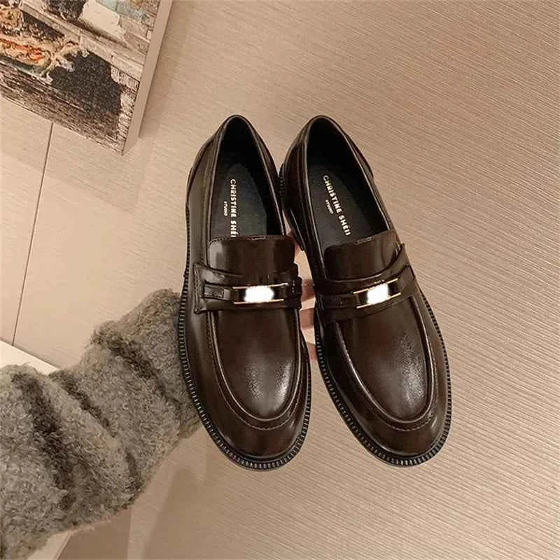 Spring New Women's Genuine Leather Shoes British Style Black Casual Shoes Banquet Office Wear Stylish Metal Design Loafers luxecrown.co.uk