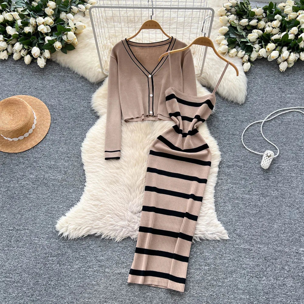 New Fashion Autumn Knitted Suits Long Sleeve V Neck Buttons Top+Stripe Strap Bodycon Dress Elegant OL Women Two Piece Sets