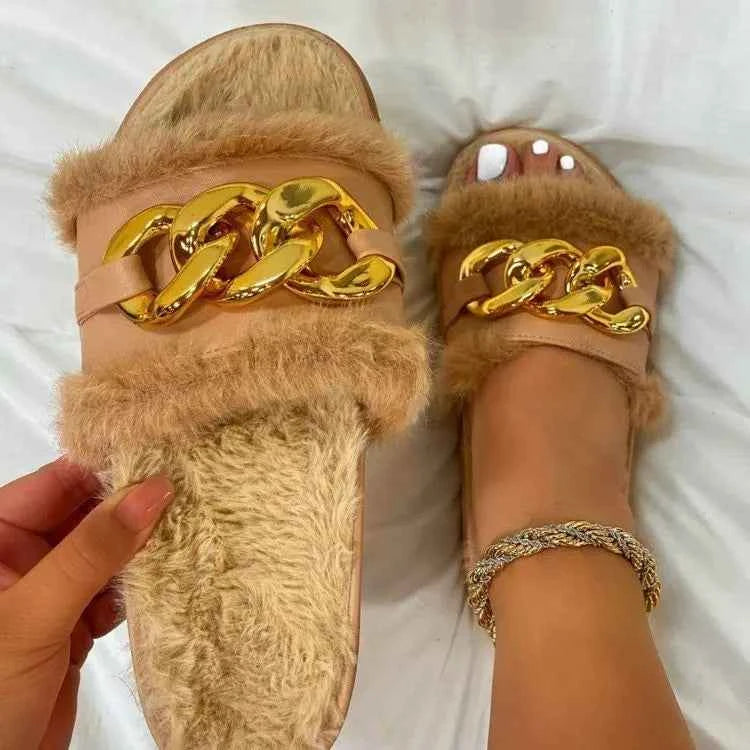 New round-toe thick-soled slip-on fuzzy slippers, lightweight furry slippers, plus-size with metal chain cotton slippers