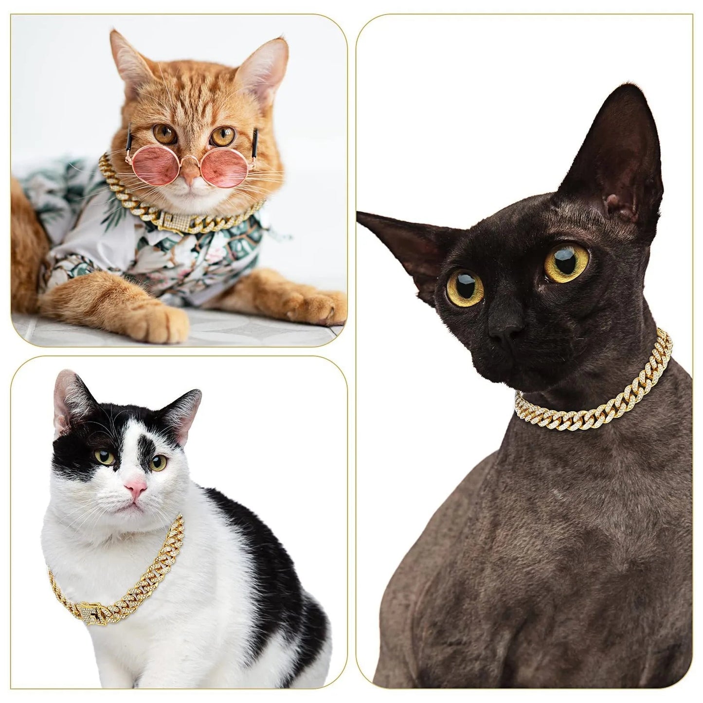 Fashion Jewelry Accessories Gold Cuban Chain Cat Collar Luxury Crystal Rhinestone Pet Kitten Necklace for Cats luxecrown.co.uk