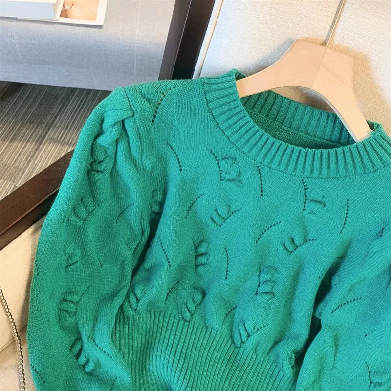 2026 New Autumn Winter Women O-neck Long Sleeve Knitted Sweaters Hollow Out Knitwear Crochet Solid Color Short Pullover Tops