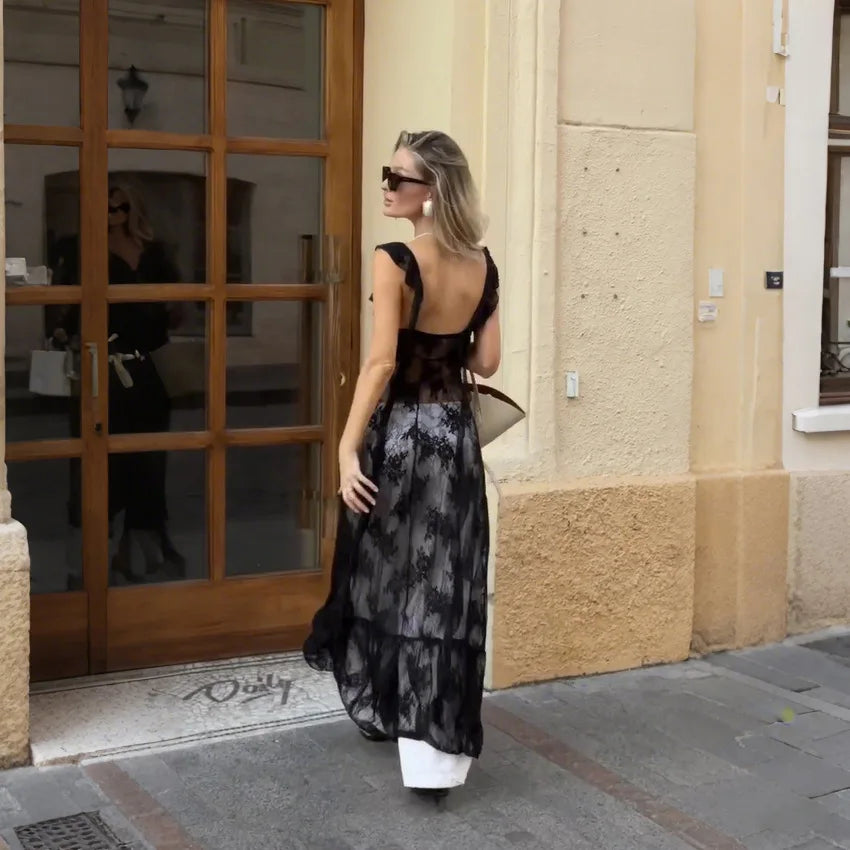 TARUXY Elegant Black Lace Sexy Dress Women's Summer New Perspective Hollow Out Slit V-Neck Straps Dress Female Party Club Dress