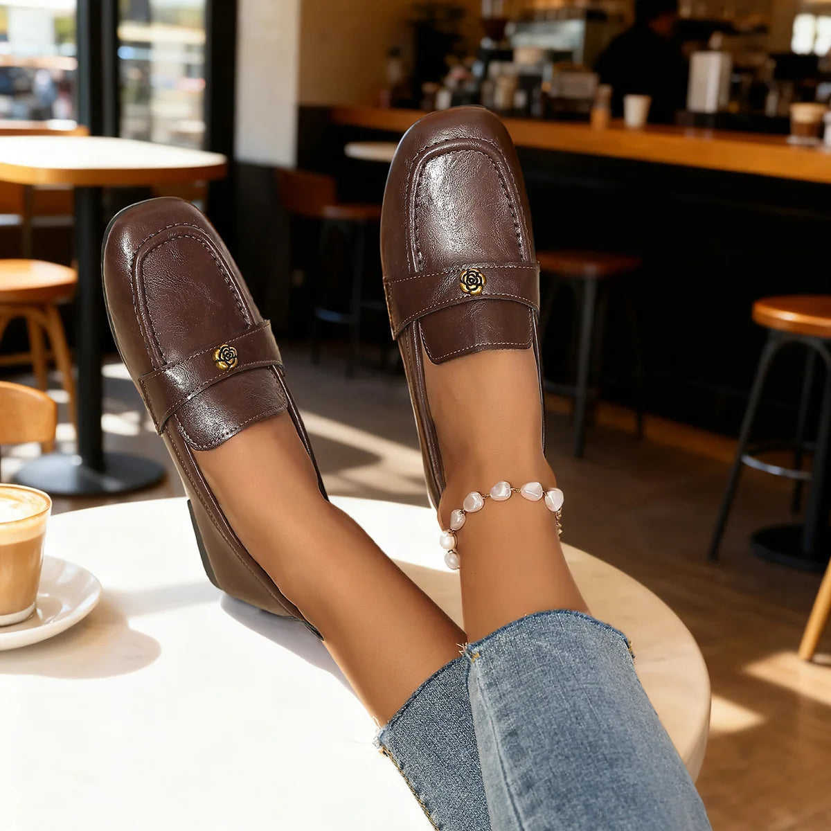 Women's Leather Flat Loafers with Gold-Tone Flower Accessory Round Apron Toe Low Block Heel Comfortable & Office Dress Shoes luxecrown.co.uk