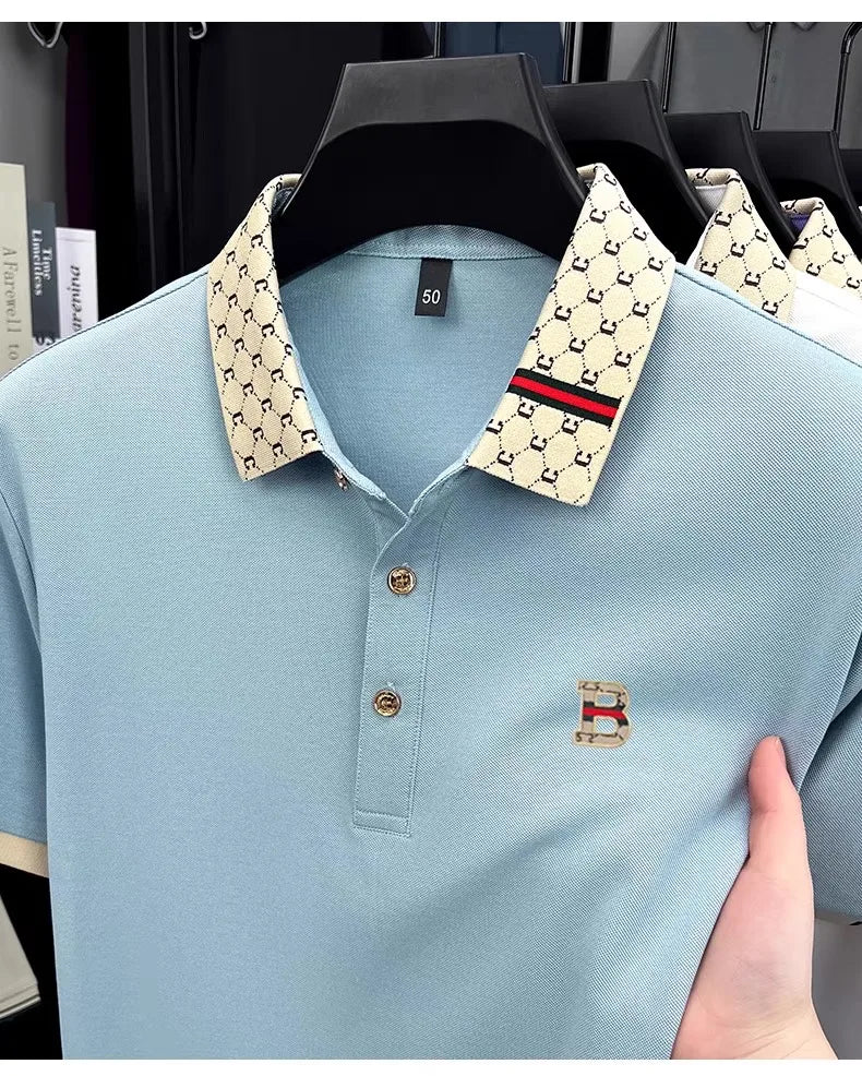 Luxury brand B letter embossed short sleeve polo shirt men summer lightweight breathable new fashion color blocked lapel T-shirt luxecrown.co.uk