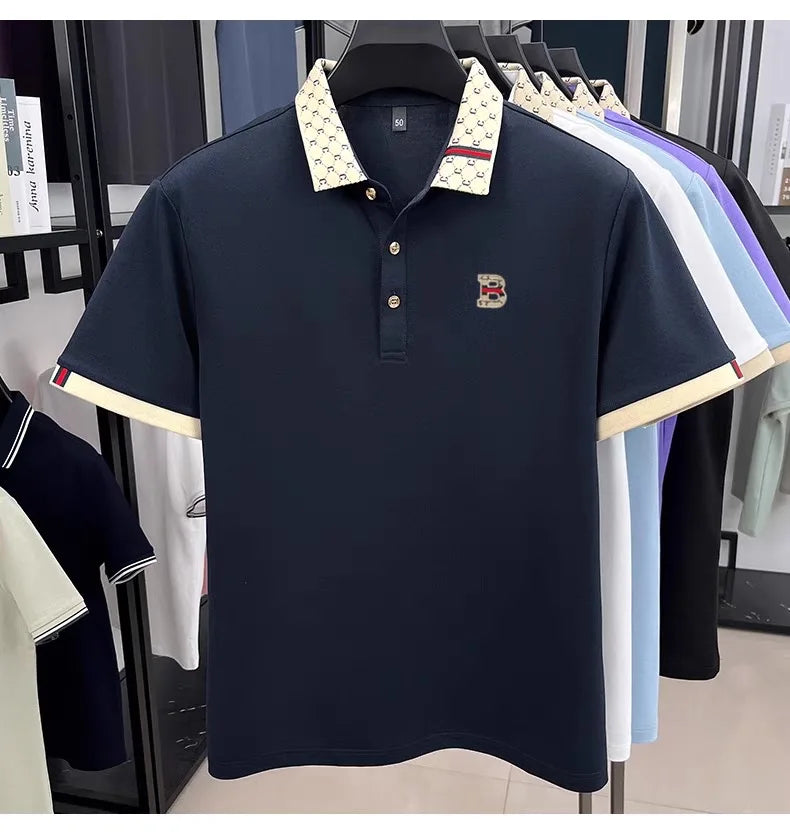 Luxury brand B letter embossed short sleeve polo shirt men summer lightweight breathable new fashion color blocked lapel T-shirt luxecrown.co.uk