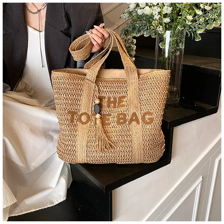 French Style Large Capacity Woven Straw Woven Bag for Women New Beach Vacation Shoulder Bag Casual Commuting Tote Bag Purse luxecrown.co.uk