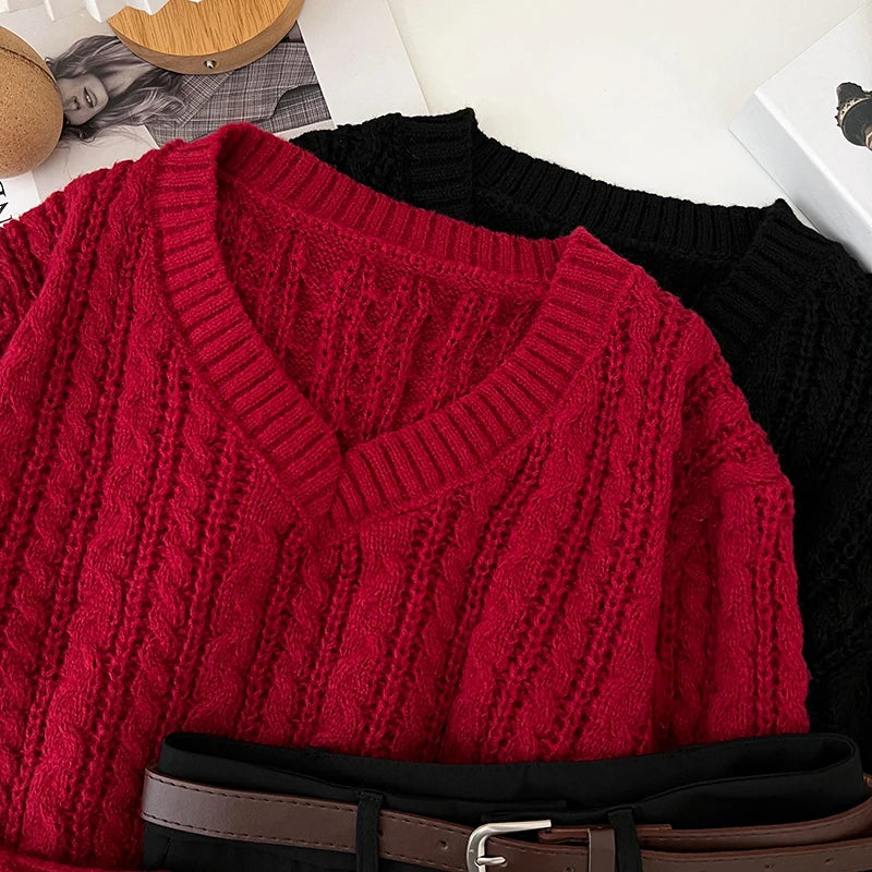 2026 New Autumn Winter Loose Casual Knitwear V-neck Long Sleeve Knitted Sweaters Twist Hollow Out Crochet Short Pullover Tops