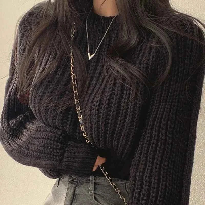 Loose Vintage Harajuku Lantern Long Sleeve Women Sweater Korean Autumn Winter Knitwear Soft Warm Tops Chic Solid Femme Sweater