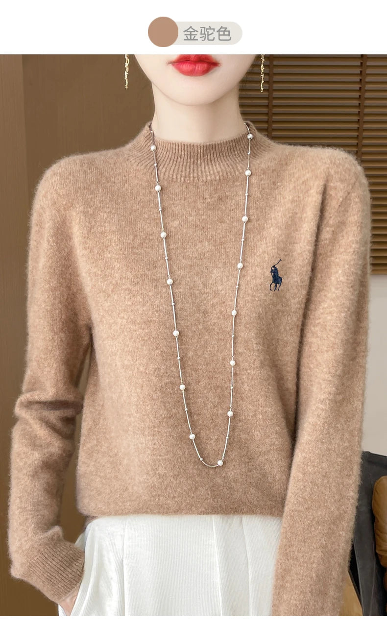 2024 Autumn/Winter Women's New Cashmere Hoodie Fashionable Embroidered Half High Neck Soft Cashmere Explosive100% Australianwool Streetsharks