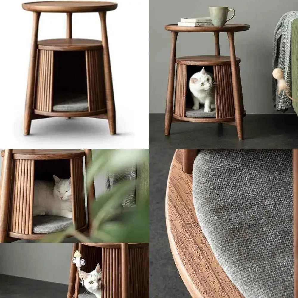 Solid Wood End Table with Built-in Cat House, Nightstand Coffee Table for Small Cats, Pet Bed Side Table Cat Condos