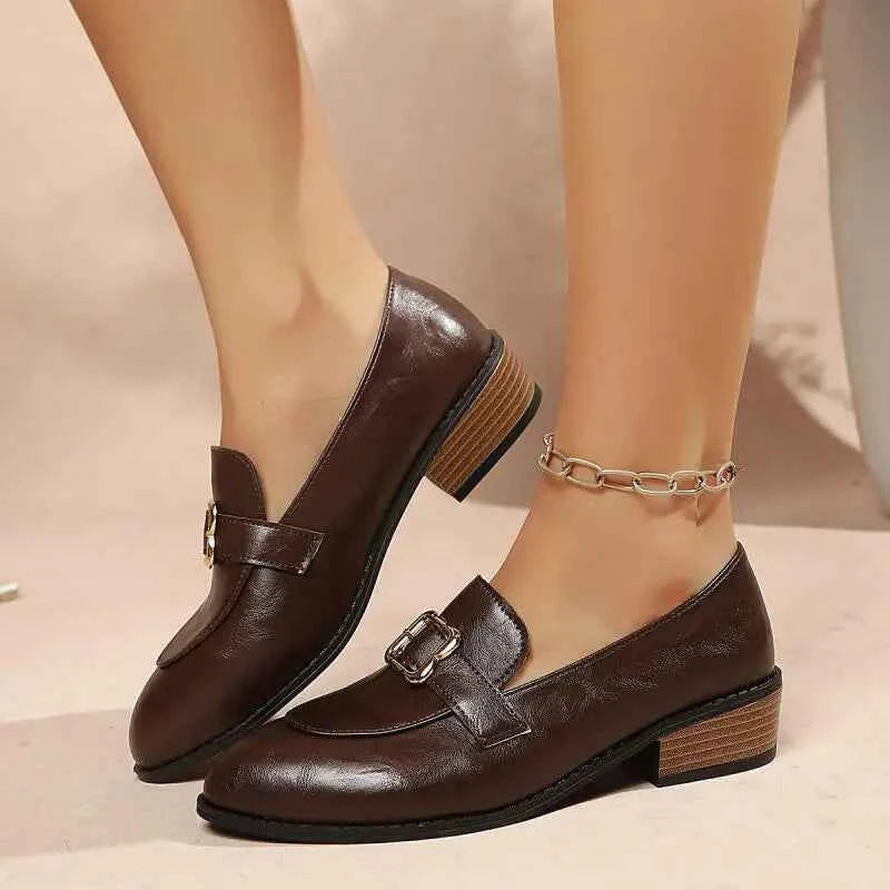 Retro Metal Buckle Thick Heel Loafers Women Summer 2026 Classic Black Brown Pu Leather Loafer Elegant Dress Shoes for Women luxecrown.co.uk