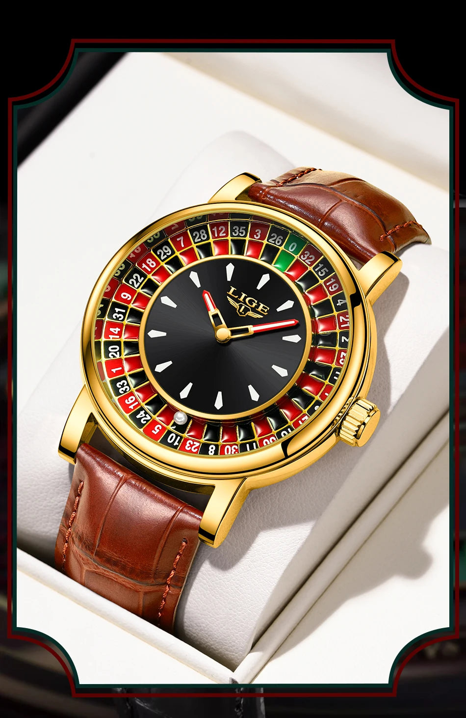 LIGE Fashion Brown Leather Men Watch Rotating Dial Las Vegas Roulette Desktop Theme Watch Men Waterproof Luminous Clock Watches