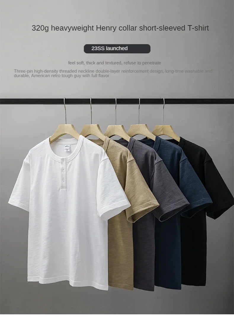 Dukeen 320g Heavyweight Henley Shirt for Men Short Sleeved Summer 100% Cotton Oversized White T Shirt Man Clothing luxecrown.co.uk