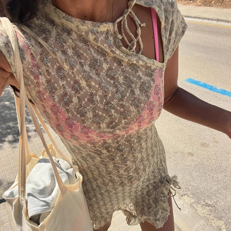 TARUXY Sexy Sheer Mini Dress Women Fashion Solid Slim Hollow-Out Lace-Up Vacation Dress 2026 New Summer Party Beach Dress Female