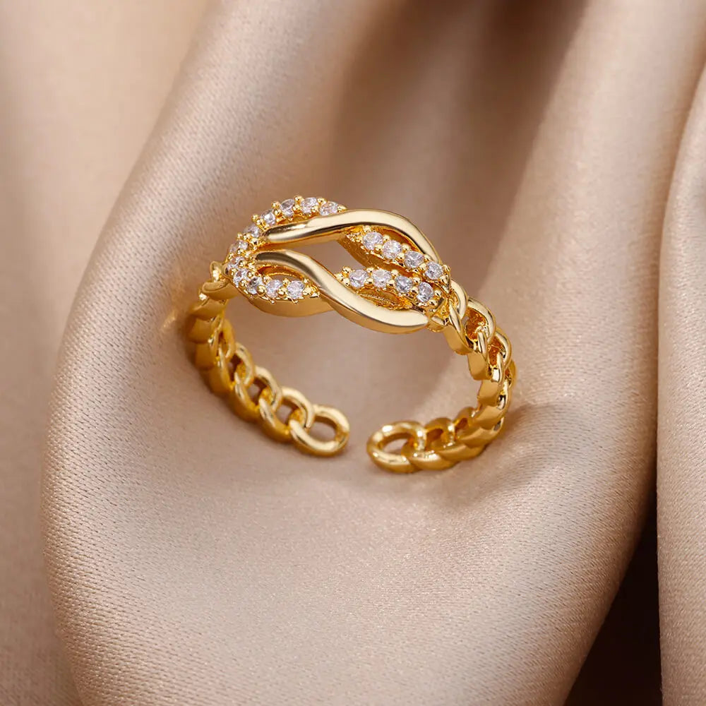 Fashion Gold Color Stainless Steel Rings For Women Chain Hollow Out Crystal Zircon Finger Ring Jewelry 2023 Gift anillos mujer Streetsharks
